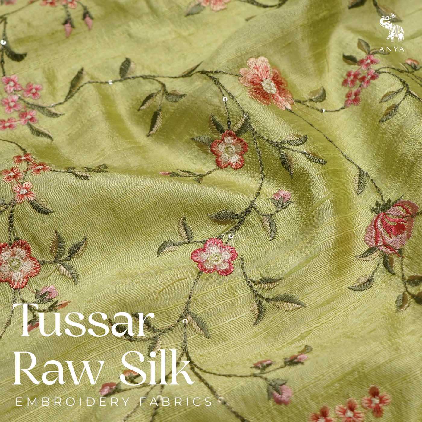 Samangha Green Tussar Raw Silk Fabric with Floral Creeper Embroidery Design