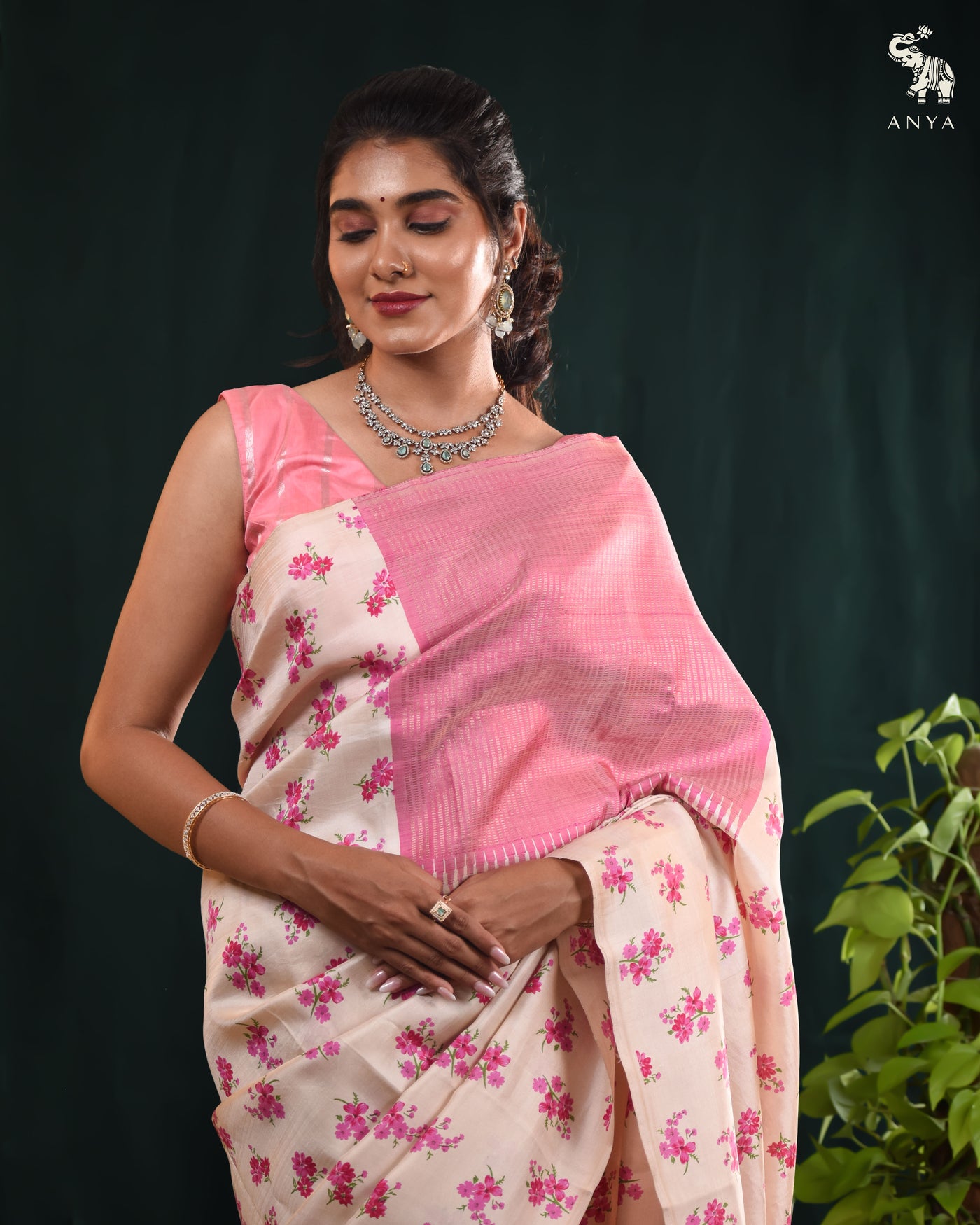 Off White Printed Kanchi Silk Saree with Small Floral Print Design