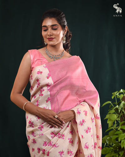 Off White Printed Kanchi Silk Saree with Small Floral Print Design