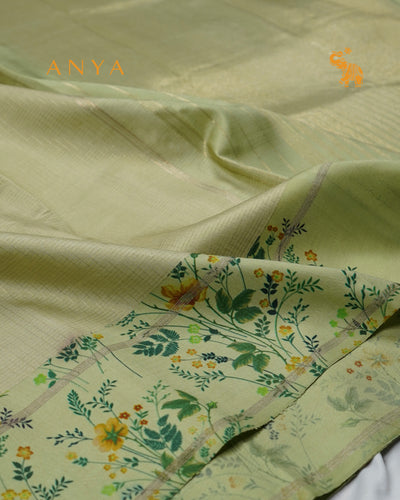 Apple Green Printed Kanchi Silk Saree with Zari Checks Design