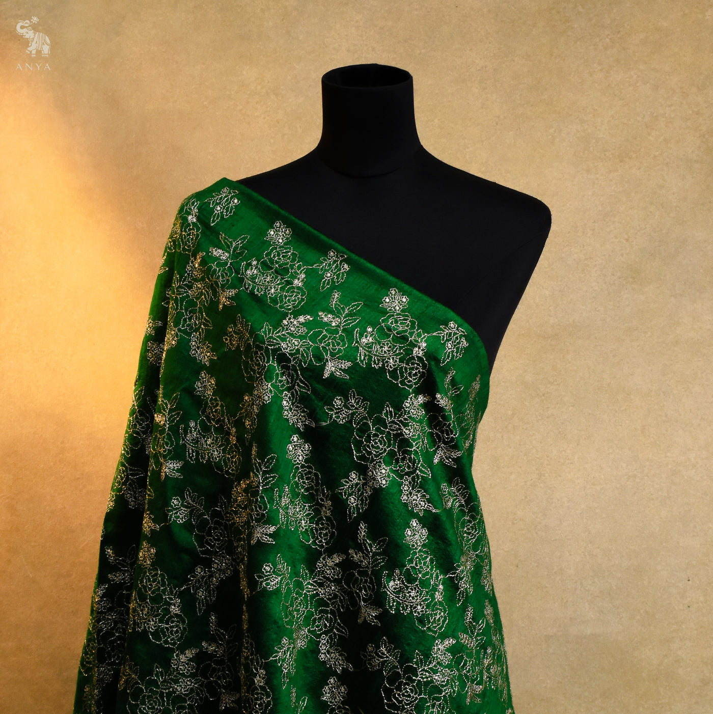 Bottle Green Tussar Raw Silk Embroidery Fabric