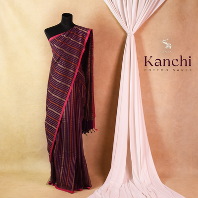 Violet Kanchi Cotton Saree with Vertical Thread Stripes Design