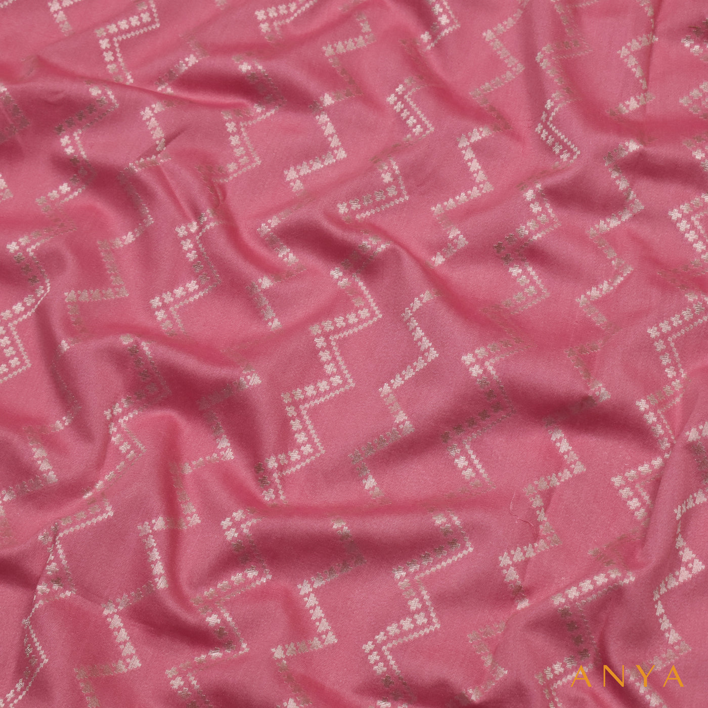 Onion Pink Banarasi Tussar Raw Silk Fabric with Zig Zag Design