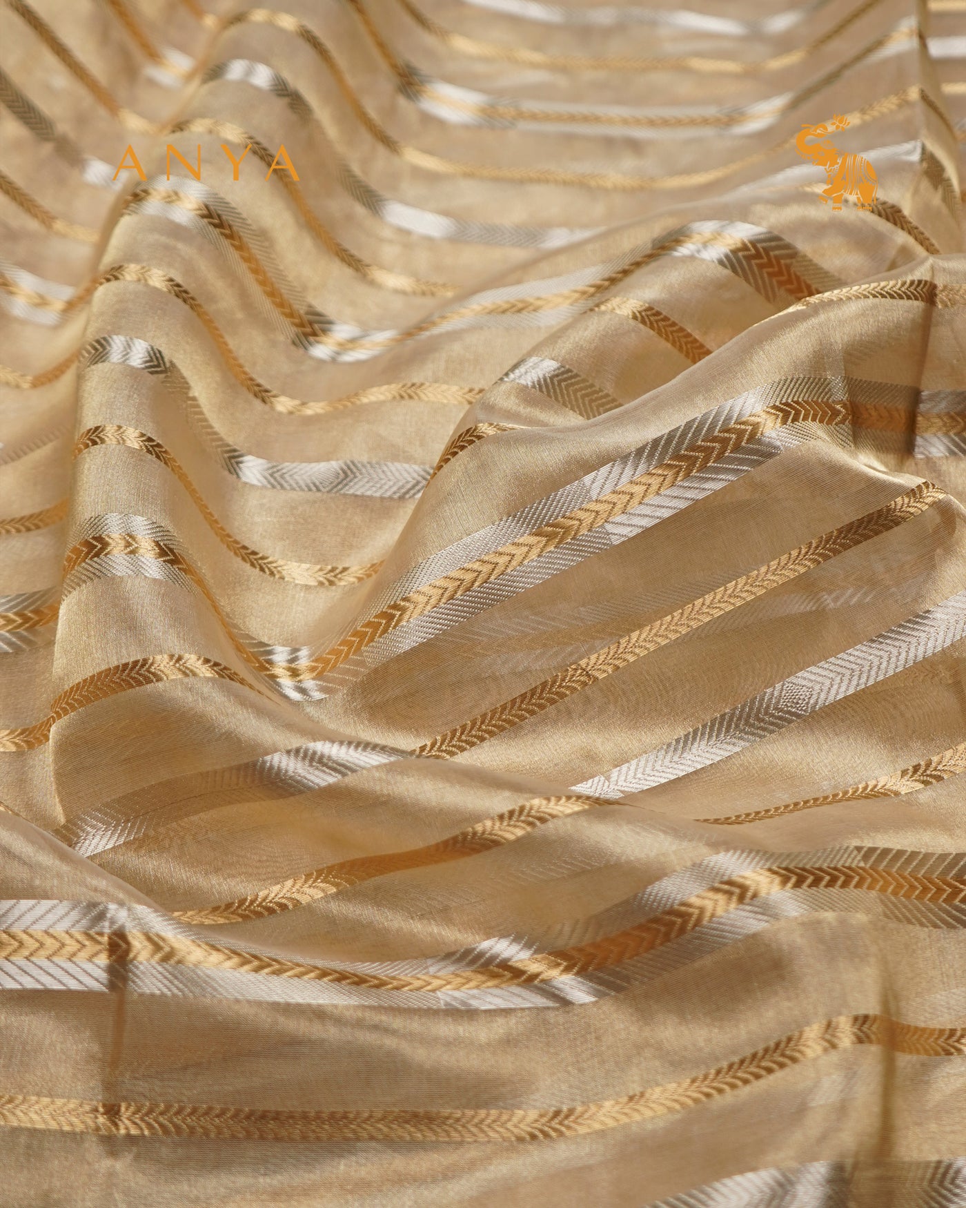 Golden Silver Organza Tissue Fabric with Zari Stripes Design