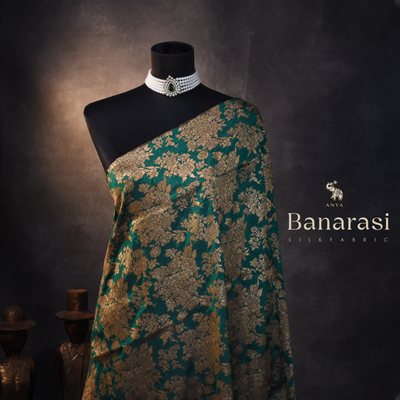 Green Banarasi Silk Fabric with Antique Floral Creeper Design