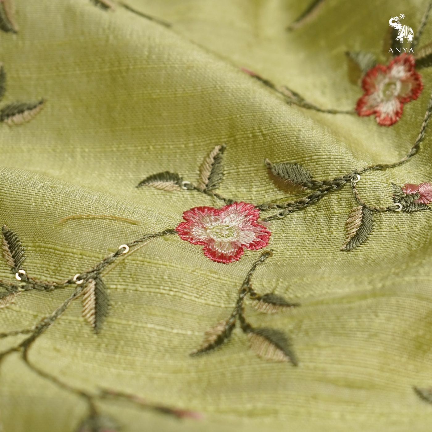 Samangha Green Tussar Raw Silk Fabric with Floral Creeper Embroidery Design