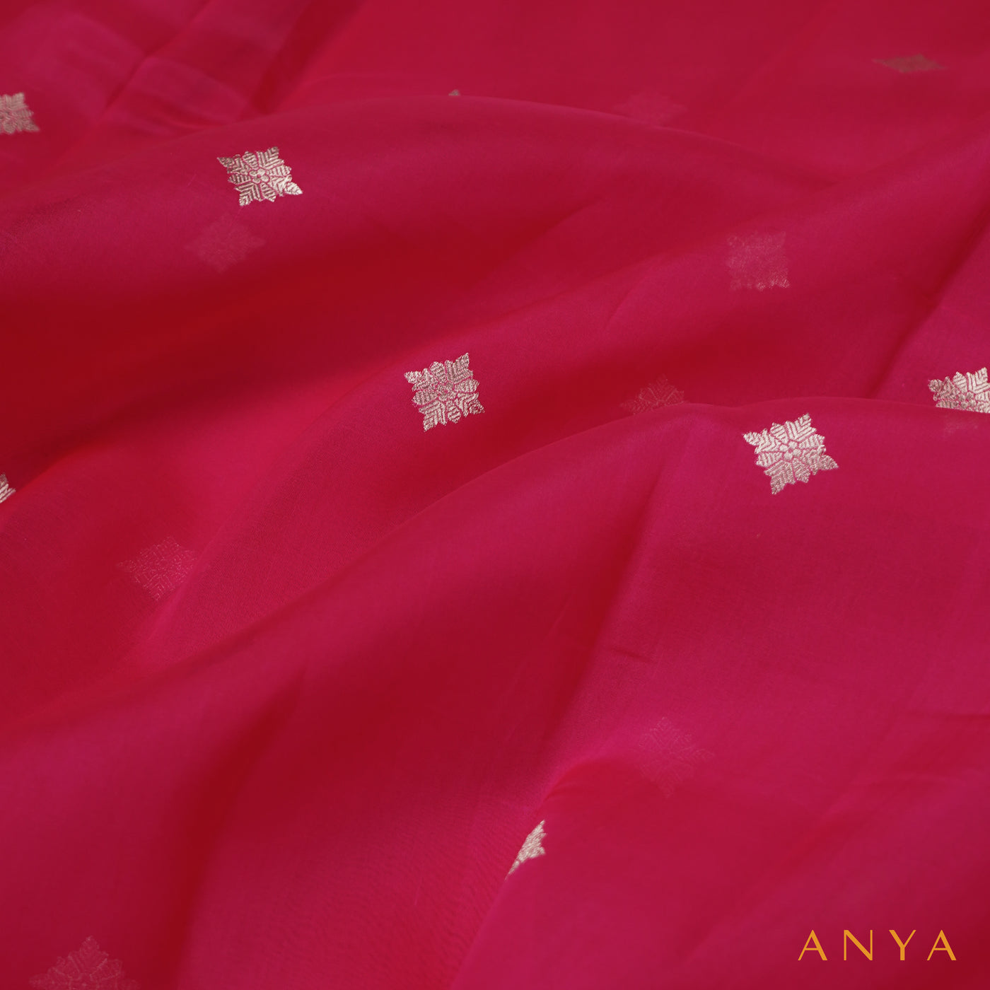 Rani Thakkali Organza Fabric with Zari Butta Design