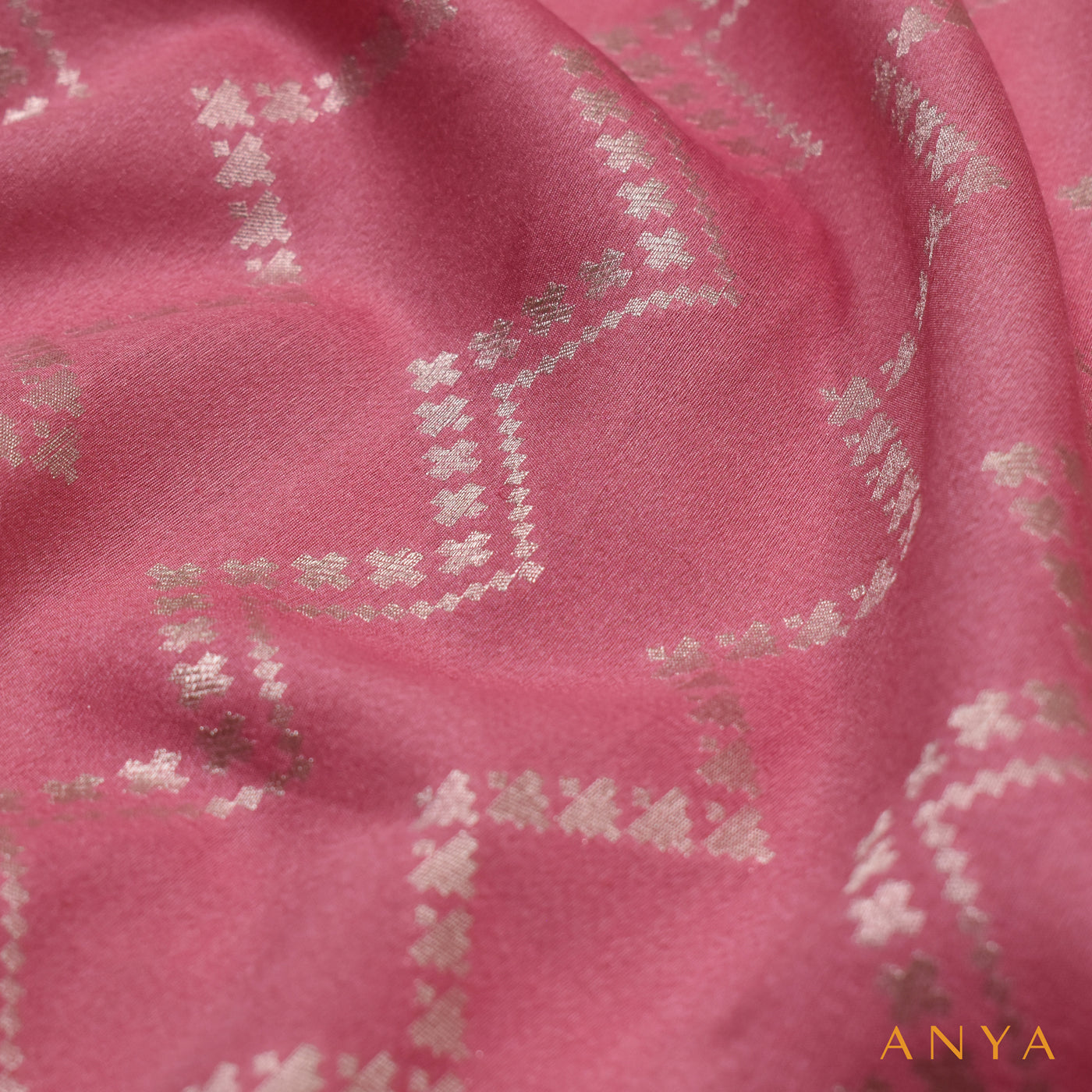 Onion Pink Banarasi Tussar Raw Silk Fabric with Zig Zag Design