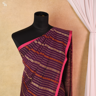 Violet Kanchi Cotton Saree with Vertical Thread Stripes Design