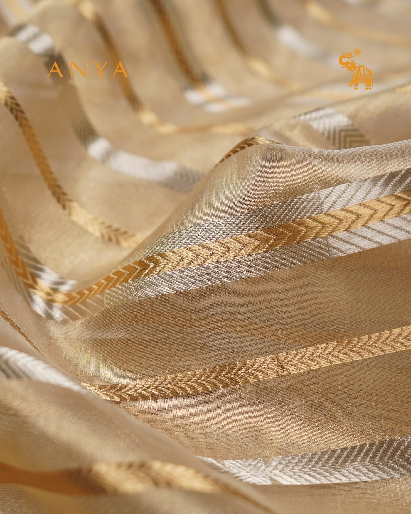 Golden Silver Organza Tissue Fabric with Zari Stripes Design