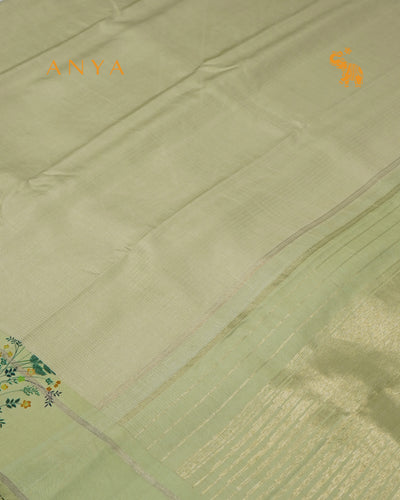 Apple Green Printed Kanchi Silk Saree with Zari Checks Design