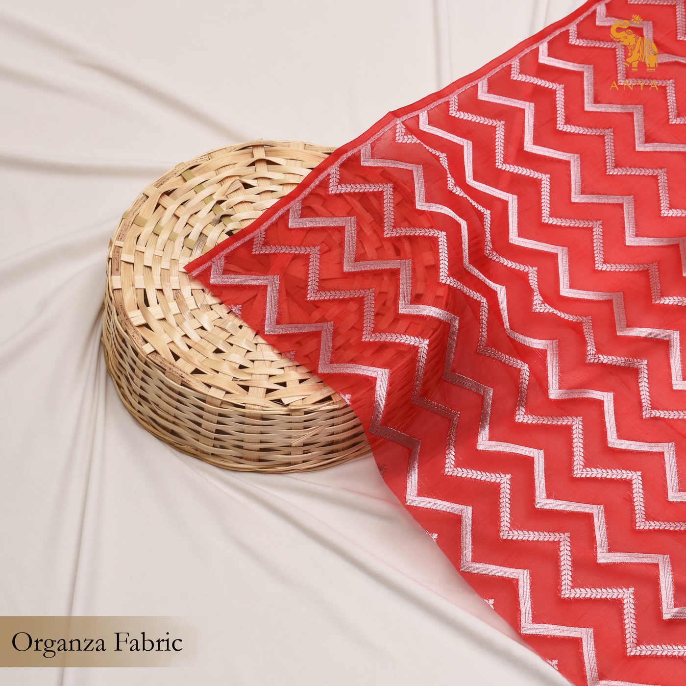 Red Organza Fabric with Zig Zag Design