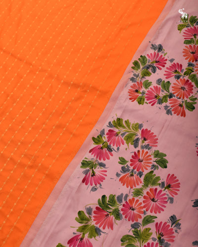 Orange Hand Painted Kanchi Silk Saree with Chain Stripes Design