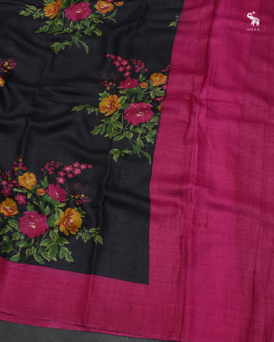Black Tussar Silk Saree with Floral Print Design