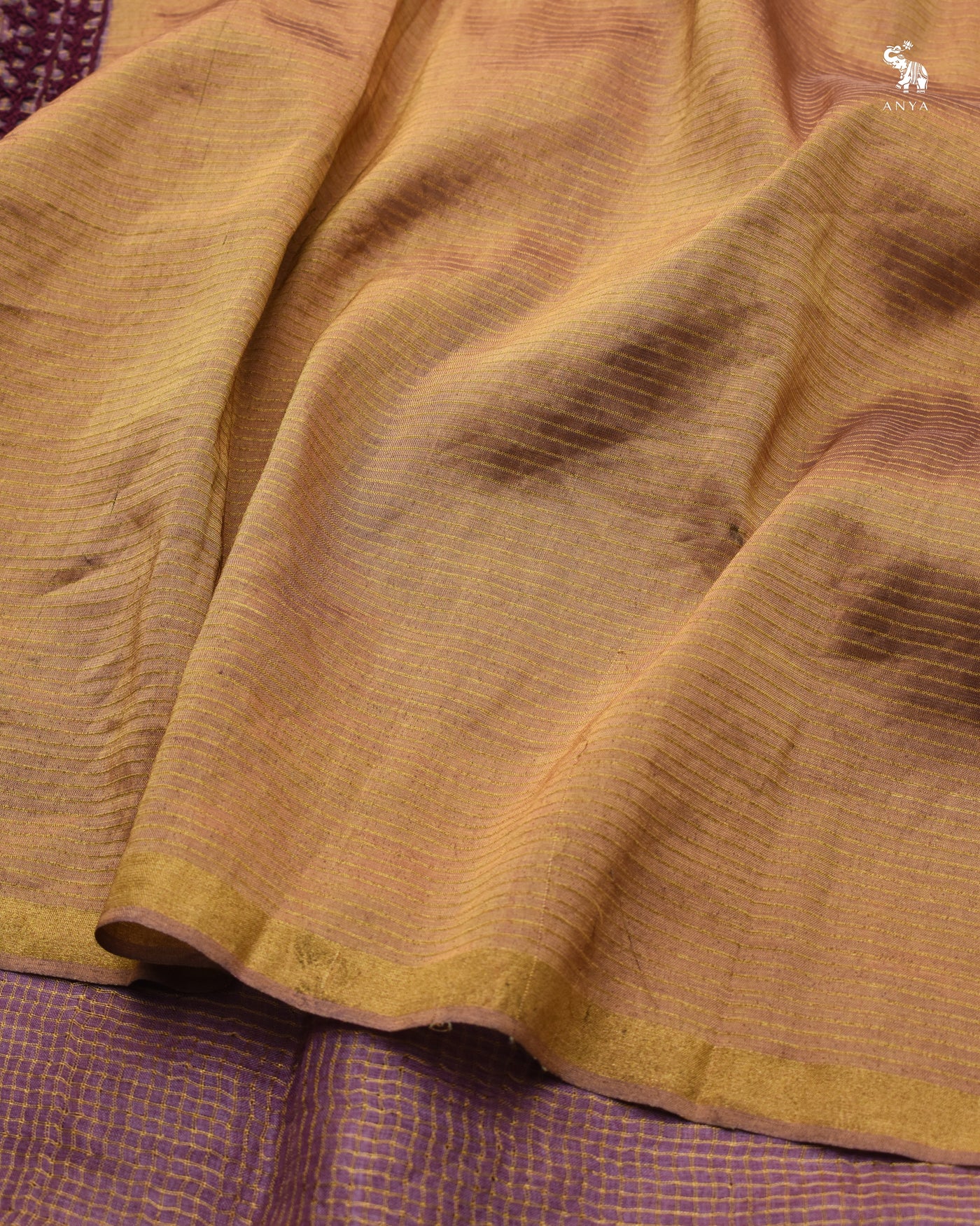 Lilac Tussar Silk Saree with Zari Checks and Kutch Work Design