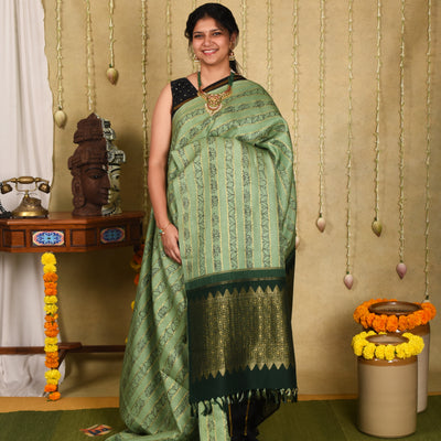 Apple Green Pen Kalamkari Kanchi Silk Saree with Velthari Design
