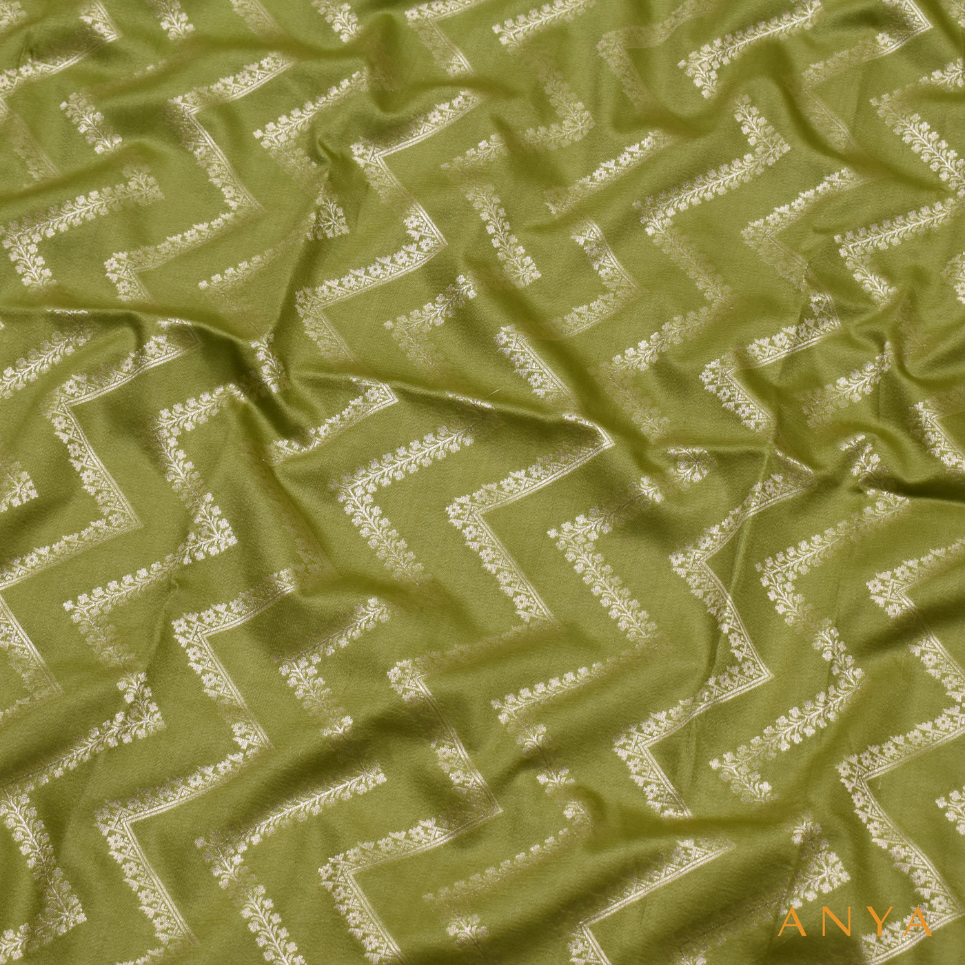 Samangha Green Banarasi Tussar Raw Silk Fabric with Zig Zag Design