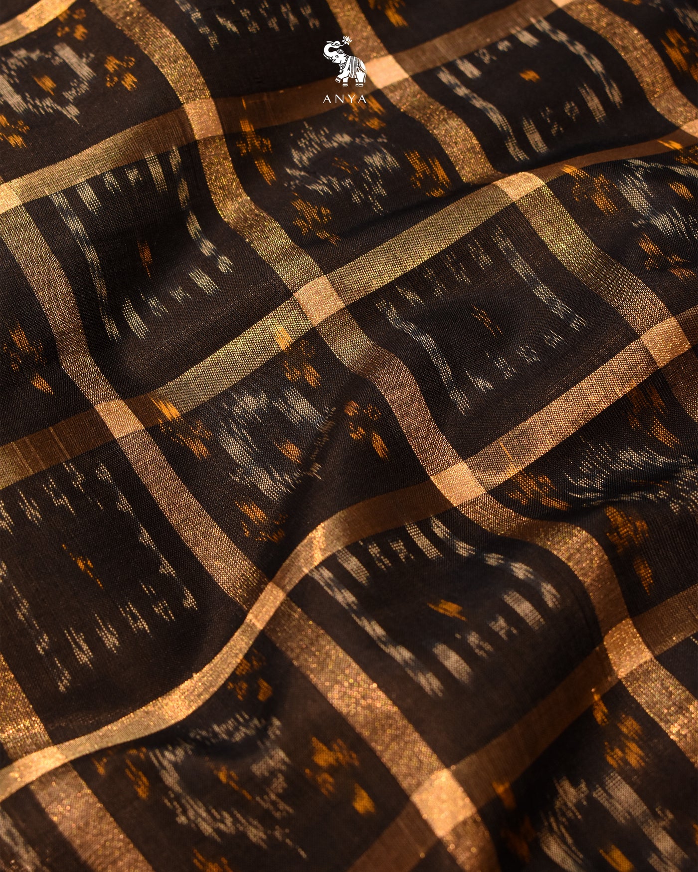 Black Ikkat Silk Fabric with Checks Design