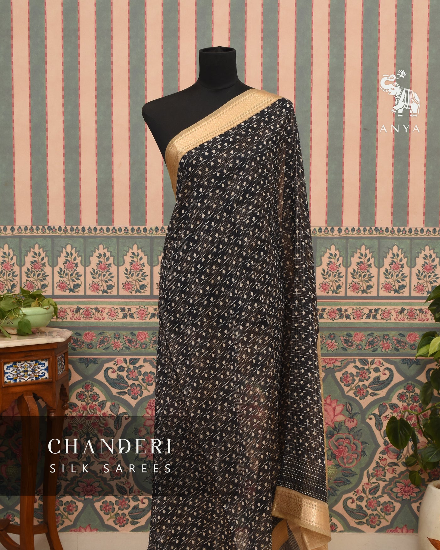 Black Chanderi Saree with Floral Print Design