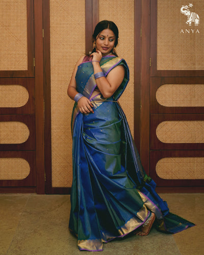 Ink Blue Kanchi Silk Saree with Vairaoosi Lines Butta Design
