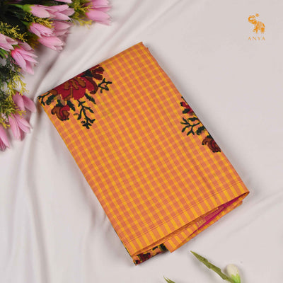 Mustard Printed Kanchi Silk Saree with Checks and Floral Print Design