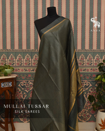 Dark Grey Tussar Silk Saree with Thread Checks Design