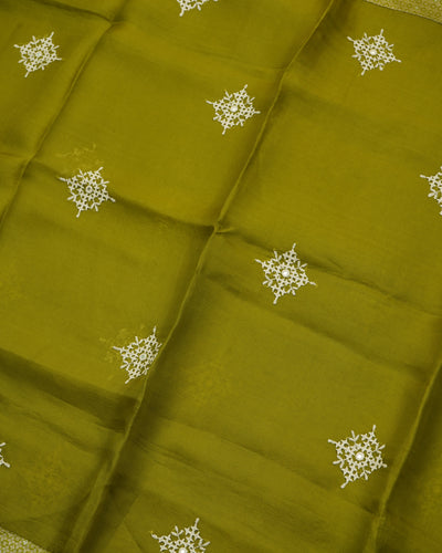 Chutney Green Organza Saree with White Kutch Work Design