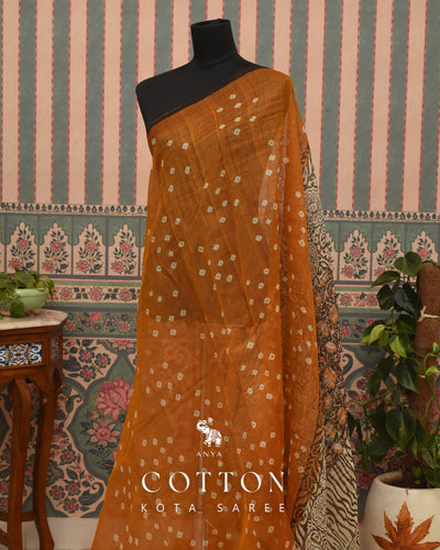 Oil Mustard Cotton Kota Saree with Bhandhini Print Design
