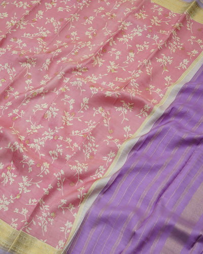 Lotus Pink Printed Kanchi Silk Saree with Floral Print and Zari Butta Design
