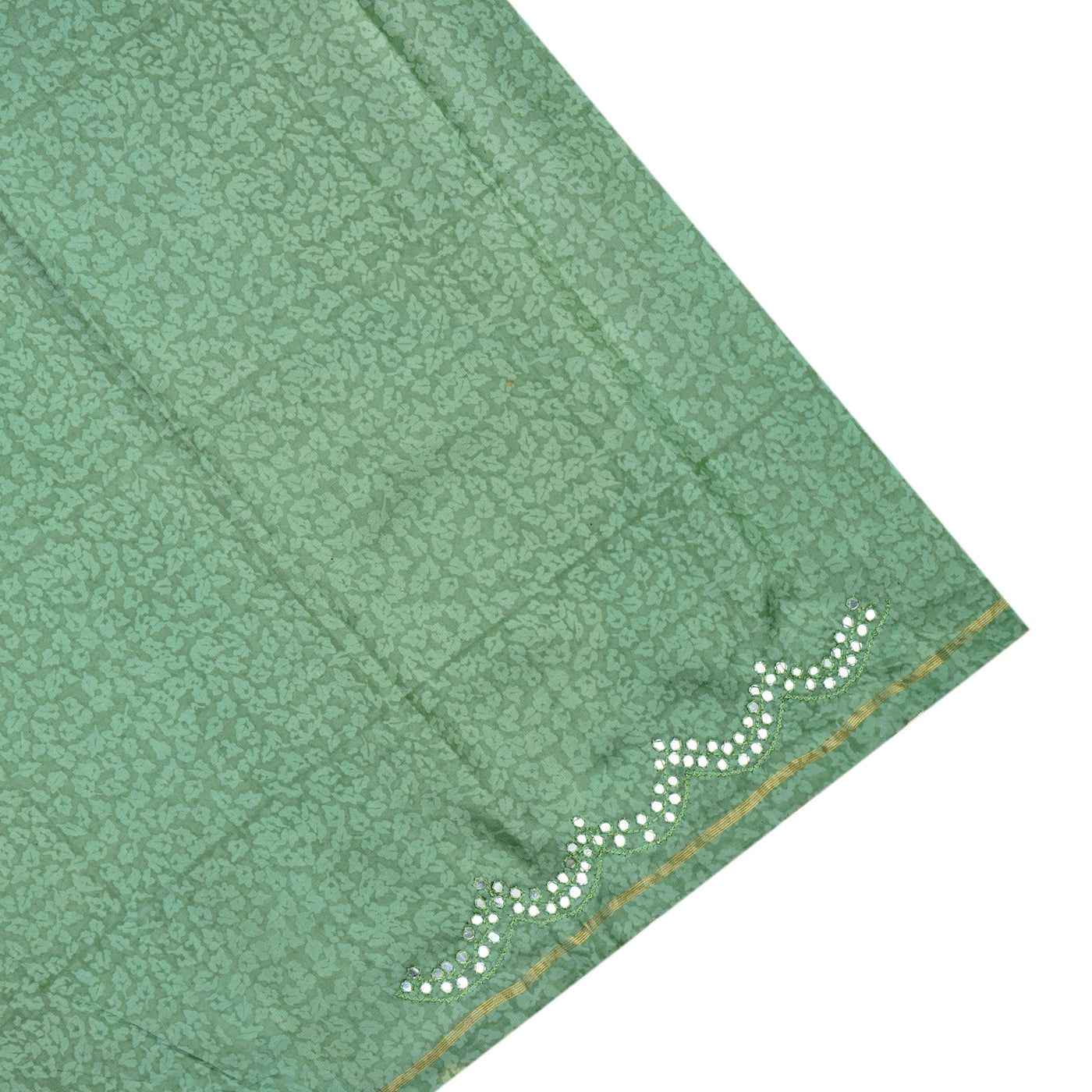Green Printed Kanchi Silk Saree with Scallop Mirror Embroidery Design