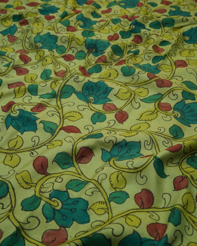 Apple Green Pen Kalamkari Kanchi Silk Fabric with Floral Design