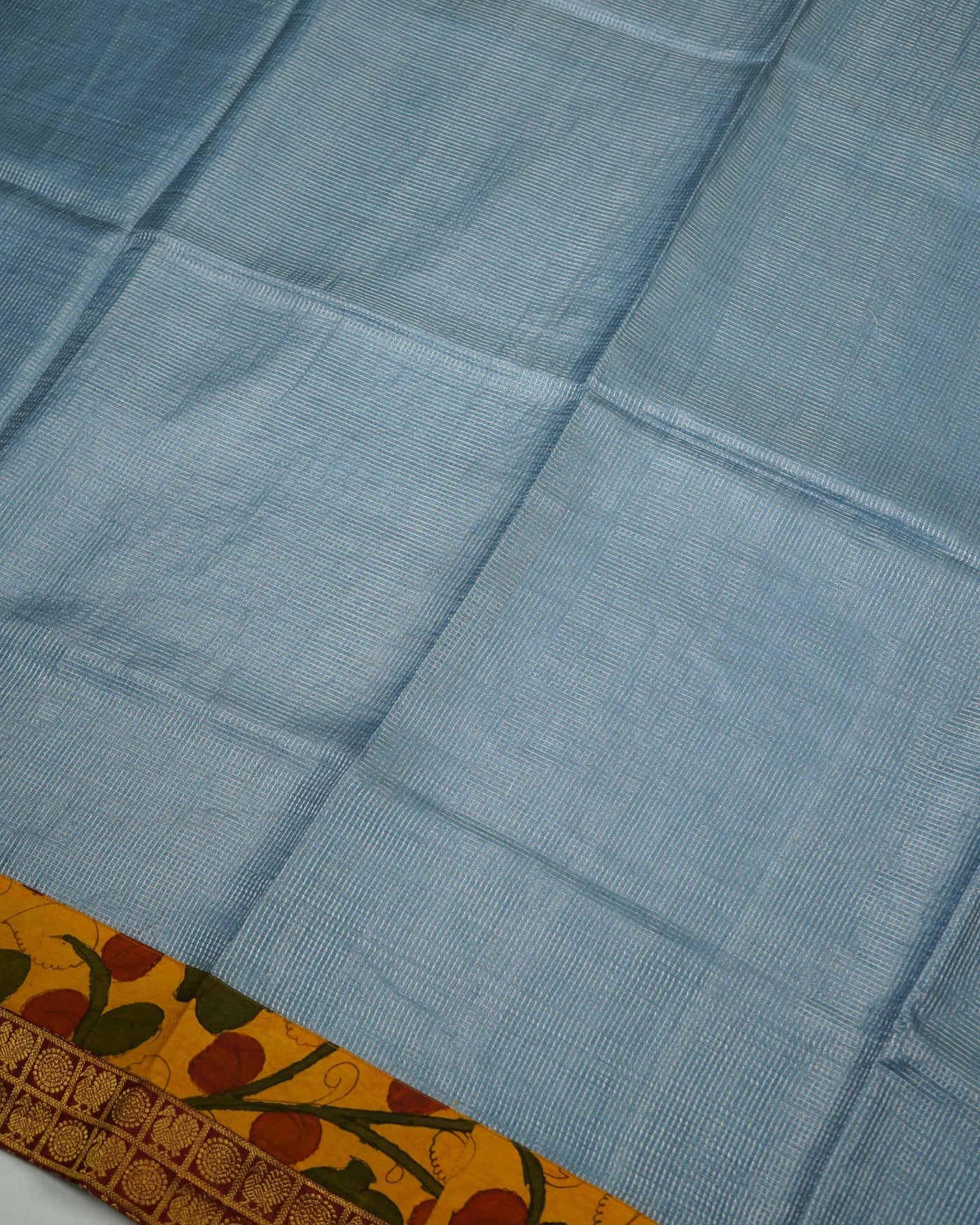 Blue Zari Checks Tussar Silk Saree with Mustard Pen Kalamkari Kanchi Border