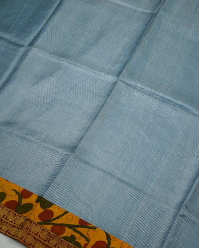 Blue Zari Checks Tussar Silk Saree with Mustard Pen Kalamkari Kanchi Border