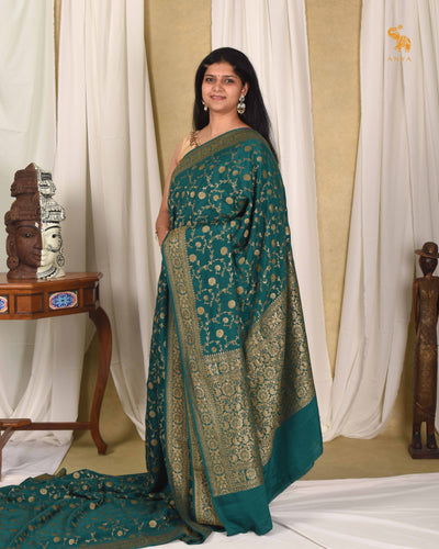 Alli Green Crepe Banarasi Silk Saree with Floral Creeper Design