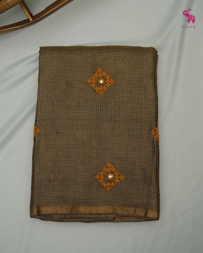 Brown Tussar Silk Sarees with Kutch Work Design