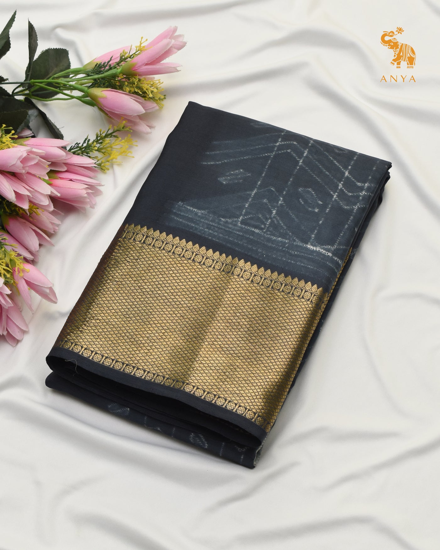 Dark Grey Hand Knotted Shibori Kanchi Silk Saree
