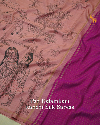 Onion Pink Pen Kalamkari Kanchi Silk Saree