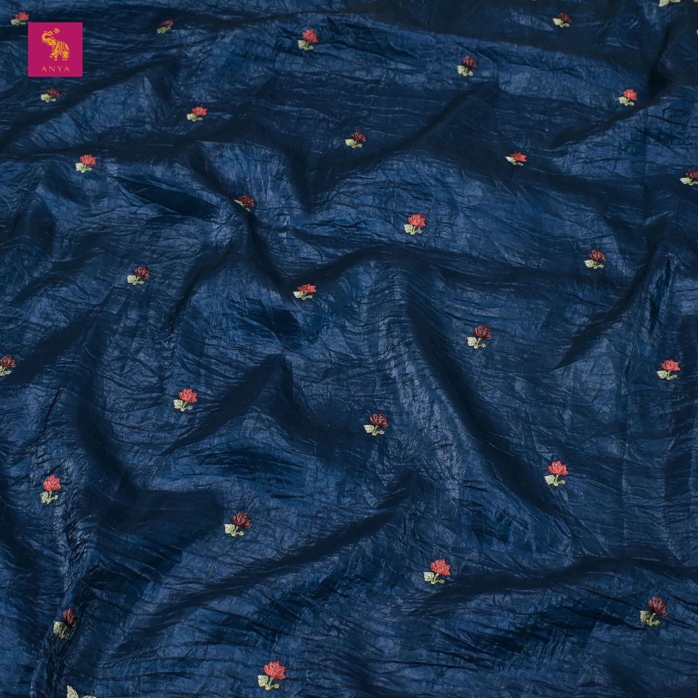 Peacock Blue Crushed Tussar Cutwork Saree with Small Flower Embroidery Design