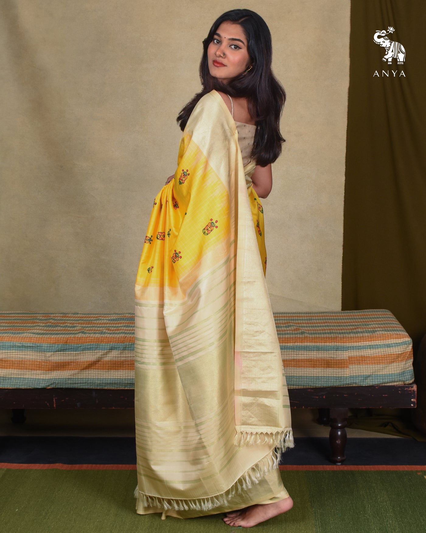 Yellow Madhubani Kanchi Silk Saree with Checks Design