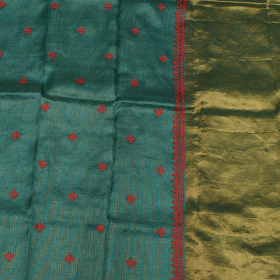 Green Tussar Silk Saree with Kutch Work Design