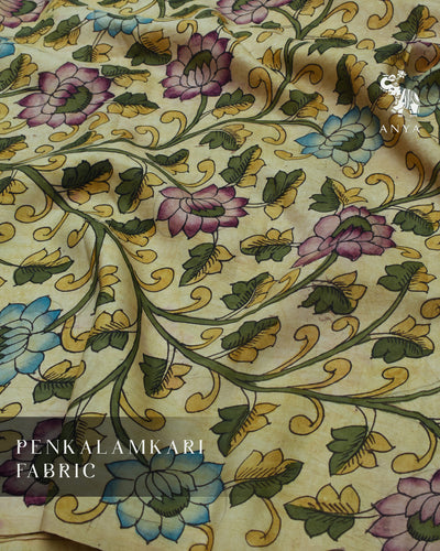 Off White Pen Kalamkari Kanchi Silk Fabric