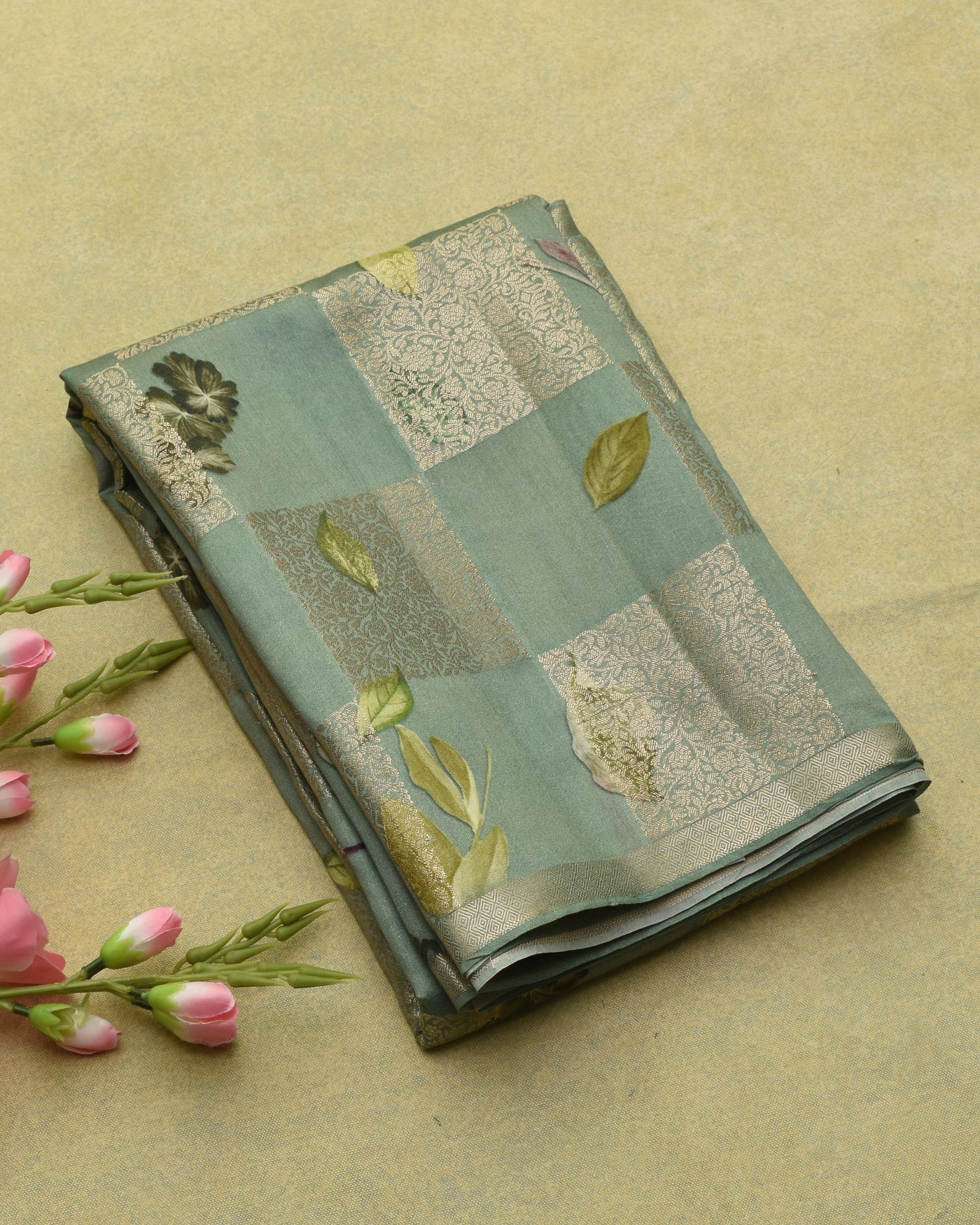 Pastel Green Banarasi Silk Saree with Box Floral Zari Design