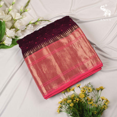 Wine Bhandhini Silk Fabric with Peach Border Design
