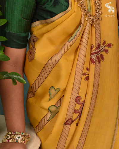 Light Yellow Pen Kalamkari Kanchi Silk Saree