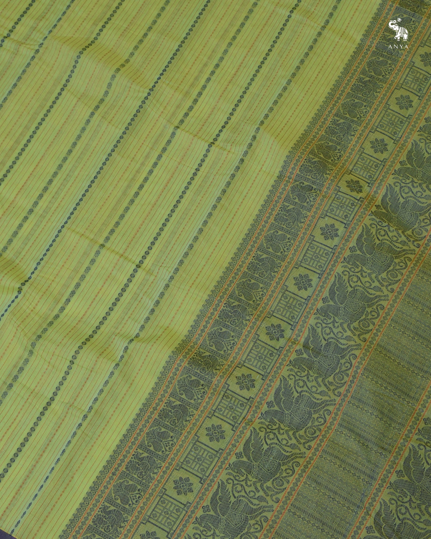 Apple Green Kanchi Cotton Saree with Vertical Stripes Design