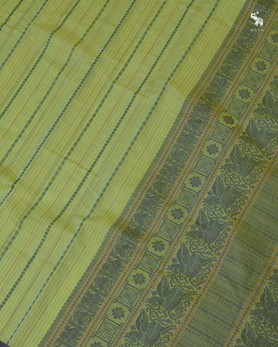 Apple Green Kanchi Cotton Saree with Vertical Stripes Design