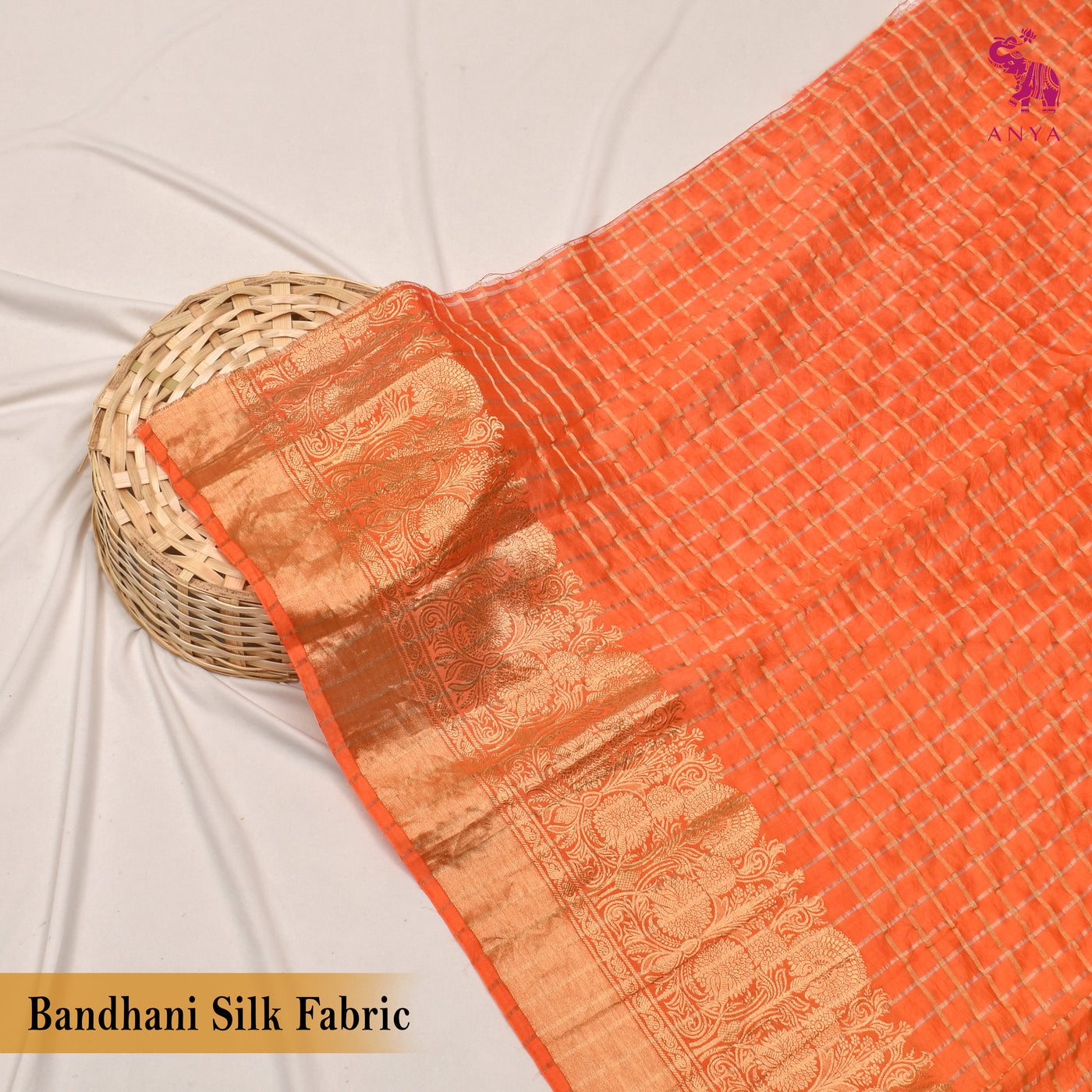 Orange Banarasi Bhandhini Fabric with Zari Kattam Design