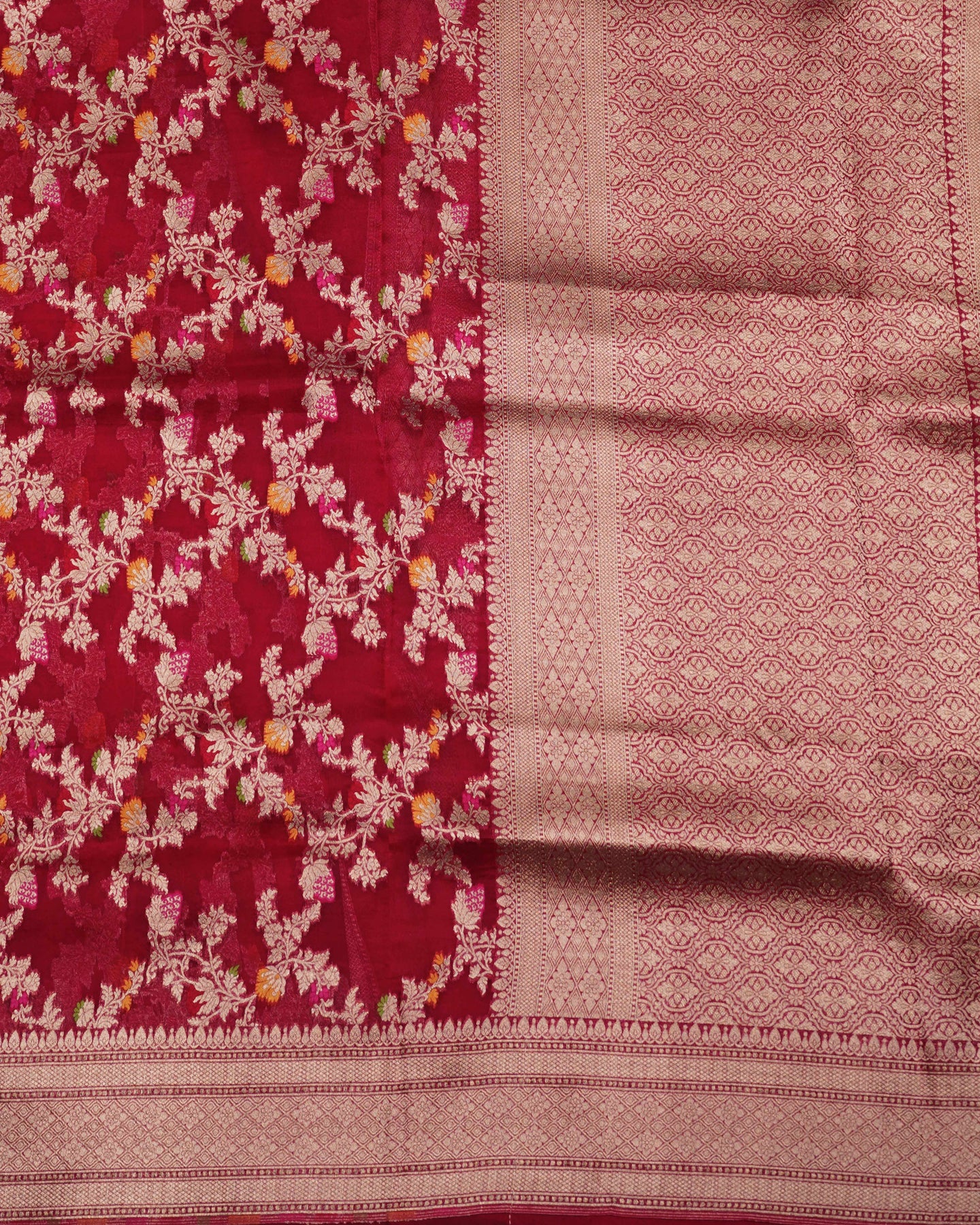 Red Banarasi Organza Silk Saree with Floral Creeper Design