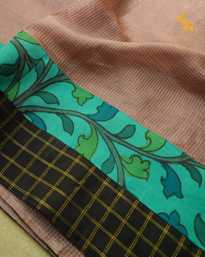 Light Brown Zari Checks Tussar Silk Saree with Rexona Pen Kalamkari Kanchi Silk Border