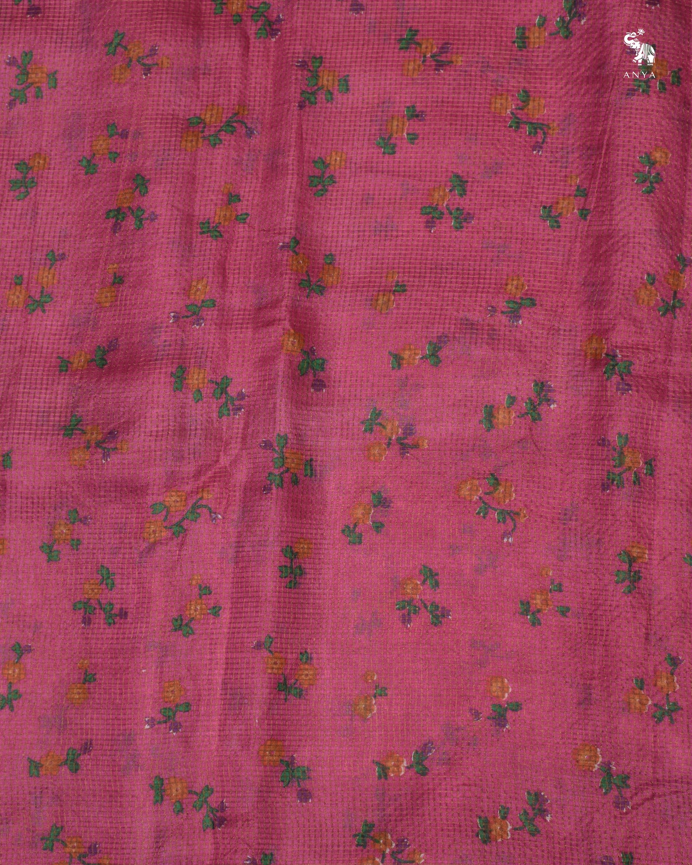Lotus Pink Tusar Silk Fabric with Floral Print and Zari Checks Design